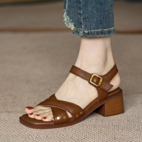 Summer new retro French thick-heeled sandals, women's exposed toe soft leather m - Picture 6 of 8